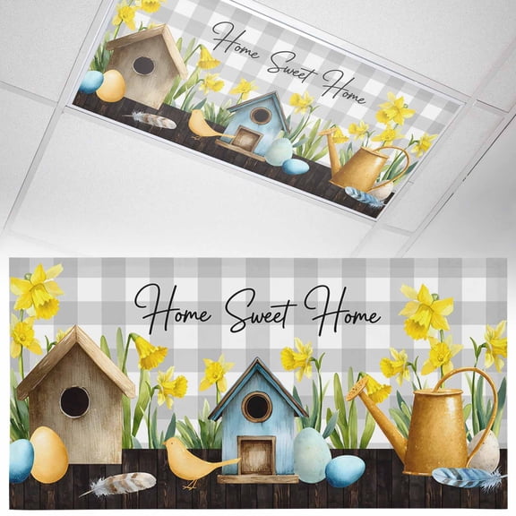 Spring Eggs Fluorescent Light Covers Kettles Yellow Flower Grey Plaid Home Farm Magnetic Light Filters Ceiling Lighting Panel Shade for Classroom Office Home 2 x 4 ft, 1 Pack