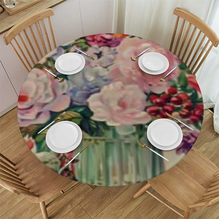 Spring Elastic Round Tablecloth Plants Colorful Floral Flowers Leaves ...