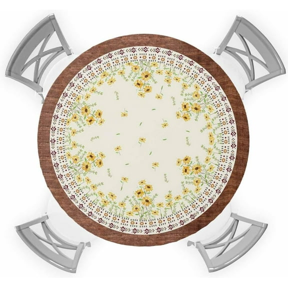 Spring Elastic Round Tablecloth Yellow Daisy Wild Flower Farmhouse Style Fitted Tablecloths for Round Table Oil-Proof Waterproof Table Cloth (Fit for 36" - 44" Round Table)