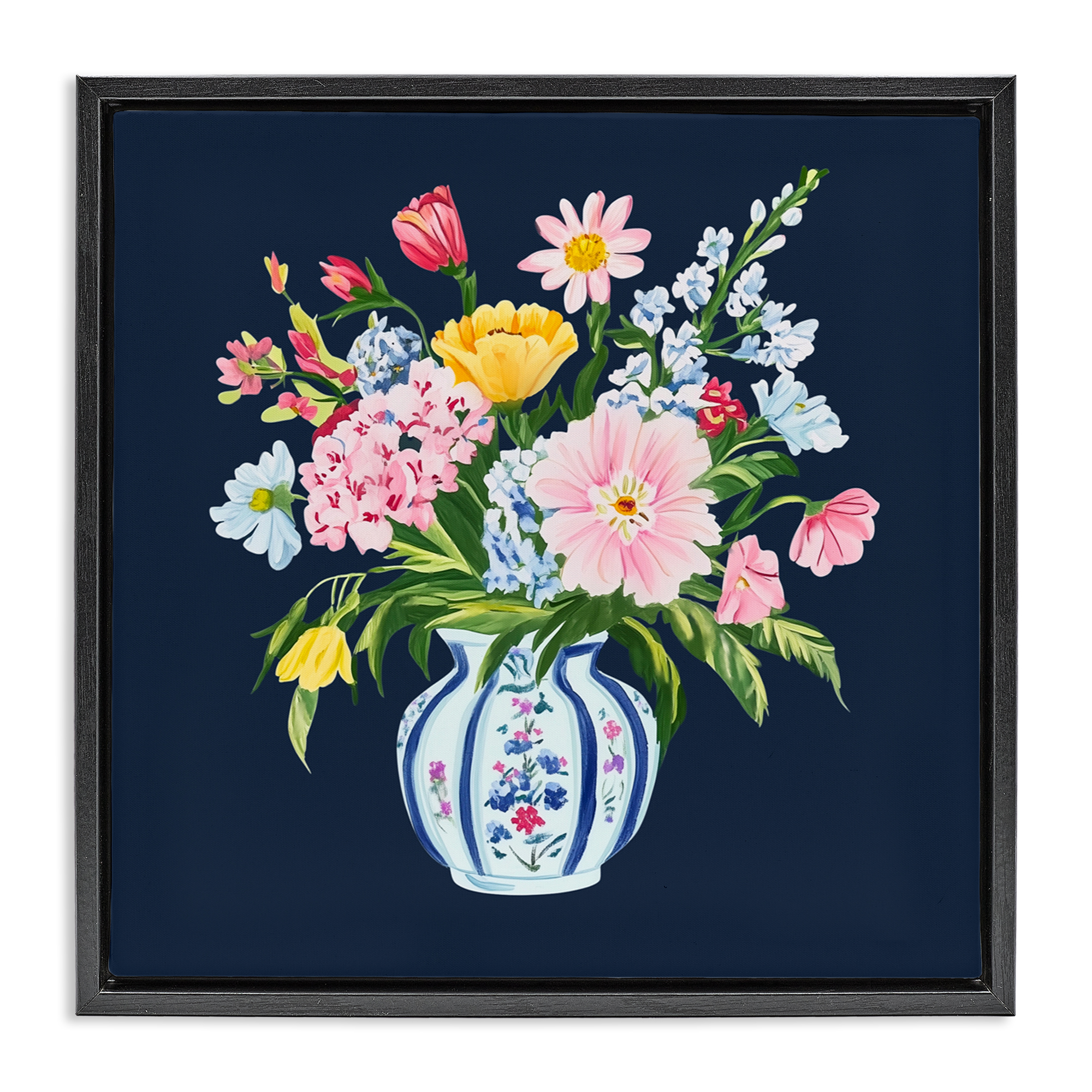 Spring Elegance Chinoiserie Vase Black Framed Floater Canvas Wall Art, design by Yen