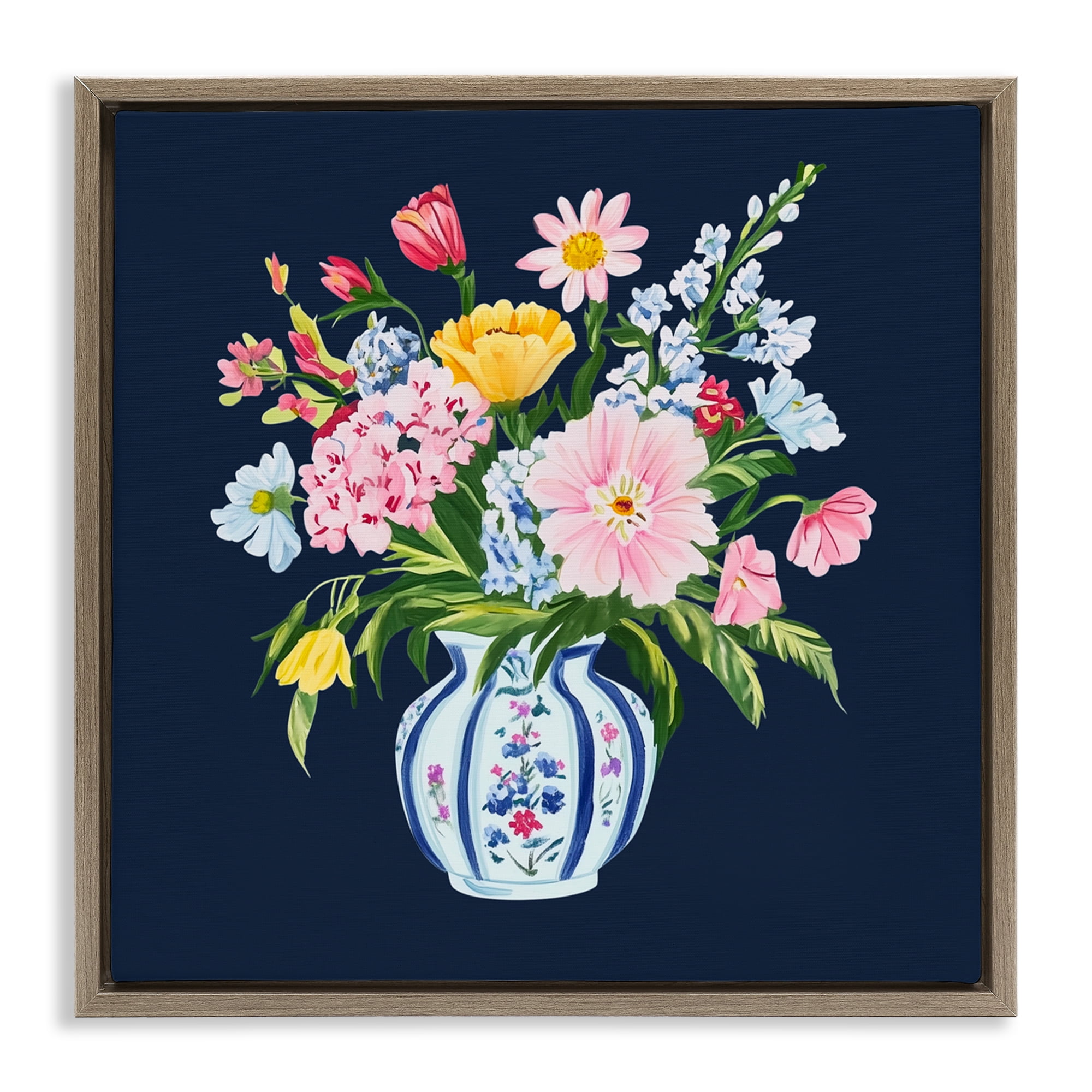 Spring Elegance Chinoiserie Vase Brown Framed Floater Canvas Wall Art, design by Yen