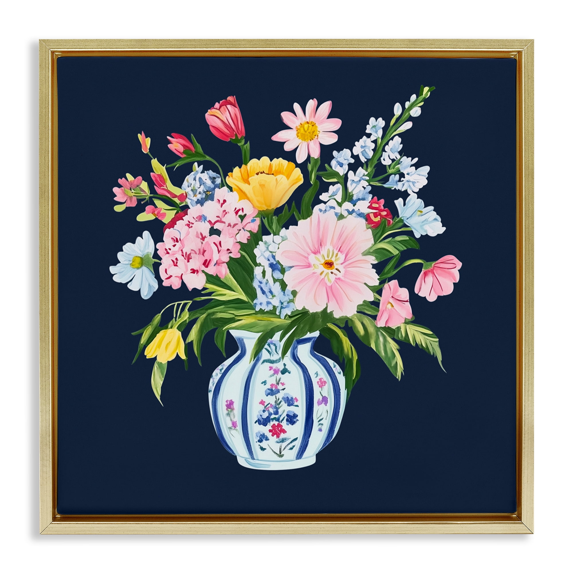Spring Elegance Chinoiserie Vase Gold Framed Floater Canvas Wall Art, design by Yen
