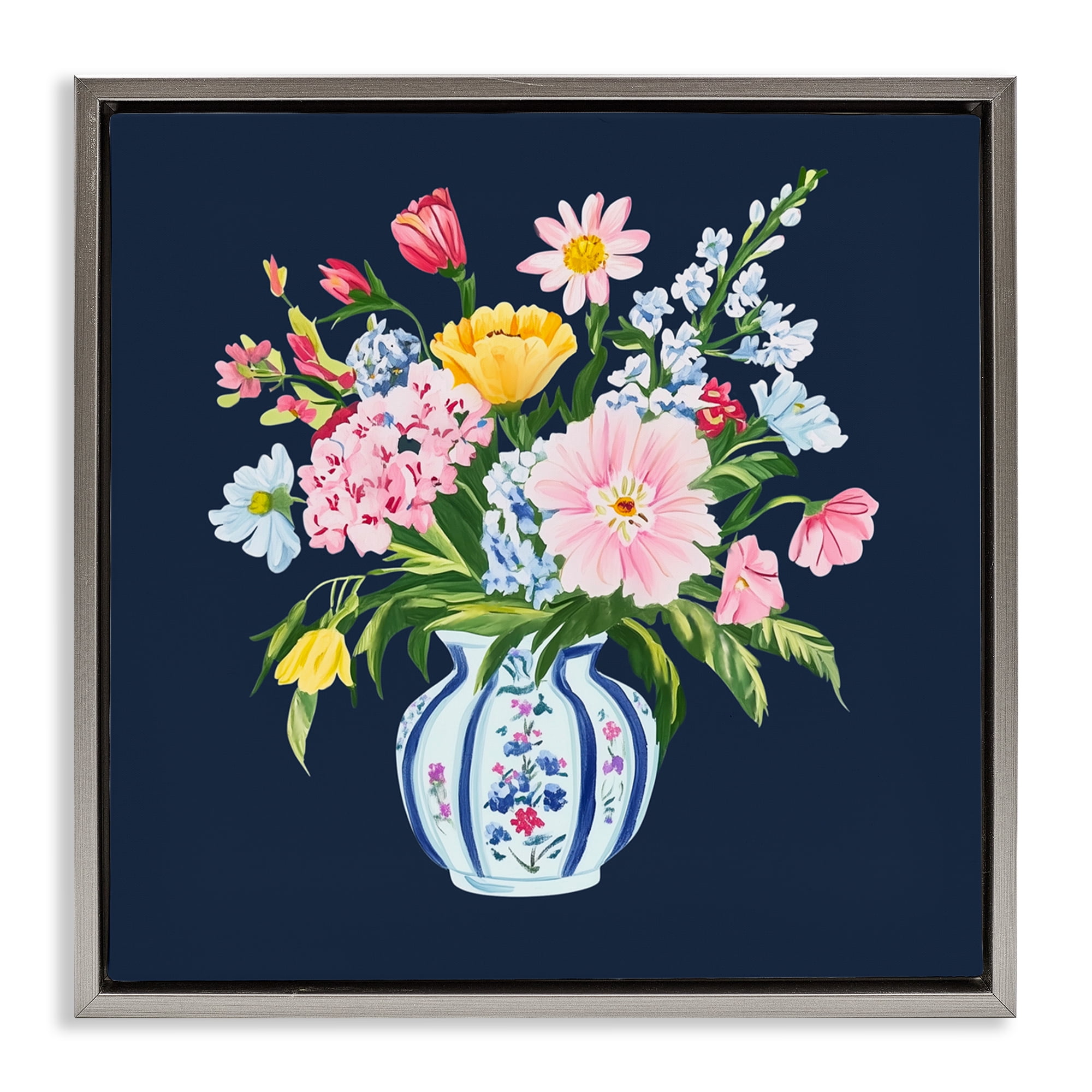 Spring Elegance Chinoiserie Vase Gray Framed Floater Canvas Wall Art, design by Yen