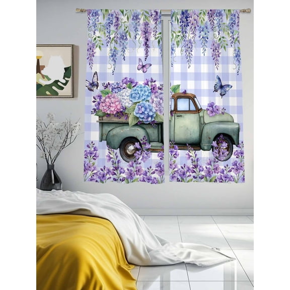 Spring Embroidered Ballads Trucks Sheer Curtains 2 Panels Set Butterflies Purple Plaid Lihgt Filtering Rod Pocket Voile Drape,Semi Sheer Window Curtains for Bedroom Living Room,52"x63"