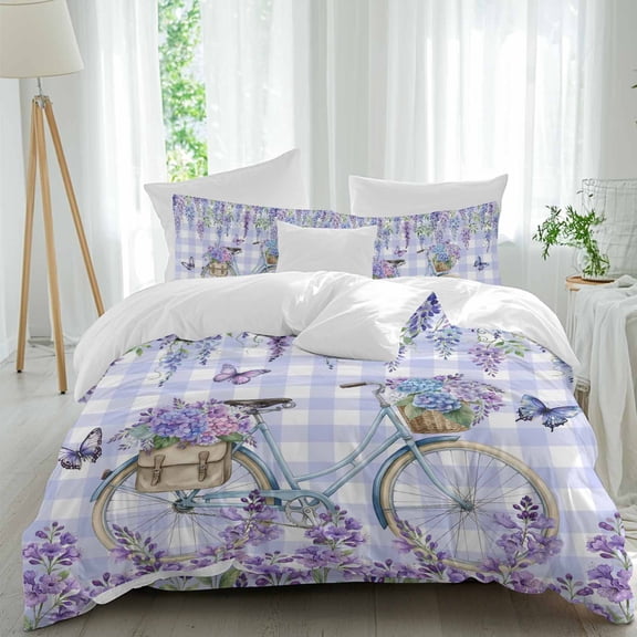 Spring Embroidered Balls Bike Queen Size Bed Set,Purple White Plaid Bedding for All Seasons,4 Pcs Bed Set,1 Quiltcover(90"x92"),1 Sheet(94"x116"),2 Pillowcases(30"x20")