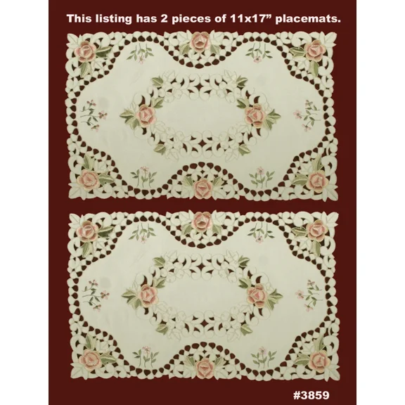 Spring Embroidered Rose Floral Cutwork Placemat Tray Cloth 11X17" 2P Beige 3859