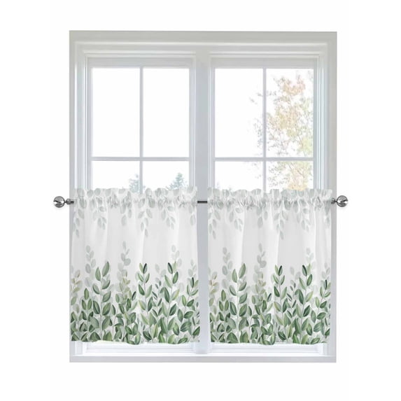 Spring Emerald Green Eucalyptus 2 Panel Kitchen Curtains for Small Windows, Botanical Leaf Country Bathroom Tier Curtain, Short Window Treatment for Bedroom/Living Room 55"x24"