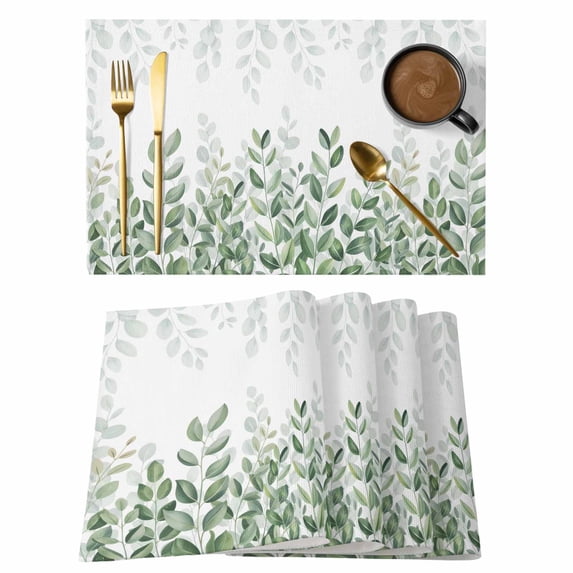 Spring Emerald Green Eucalyptus Placemats Set of 8, Botanical Leaf Country Placemats for Dining Table, Place Mats for Kitchen Tabletop, Waterproof Wipeable Dining Table Mats Set