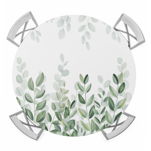Spring Emerald Green Eucalyptus Round Tablecloth for 36-44 Inch Tables,Fitted Table Cover with Elastic Edge,Botanical Leaf Country Waterproof Outdoor Table Cloth Protector for Patio Garden Dinner