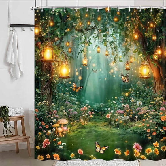 Spring Enchanted Forest Shower Curtain, Fairy Tale Wonderland Garden Shower Curtains Set for Bathroom, Mushroom Butterfly Woodland Fairy Fabric Bath Curtain with Hooks, 69X70IN