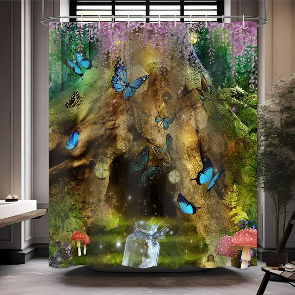 Spring Enchanted Forest Shower Curtain Set,Fancy Cartoon Fairy Tale Butterfly Tree Hole Mushroom Wonderland Decor Home Bathroom Bathtub Curtains,12 Hook,72x72inch