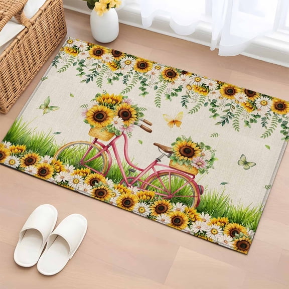 Spring Entryway Rug 2'x3' Non Slip Front Door Mats, Bicycles Botanical Sunflowers Leaves Butterfly Entrance Rugs Indoor Outdoor Carpet, Washable Floor Mats Small Area Rug for Bedroom Kitchen
