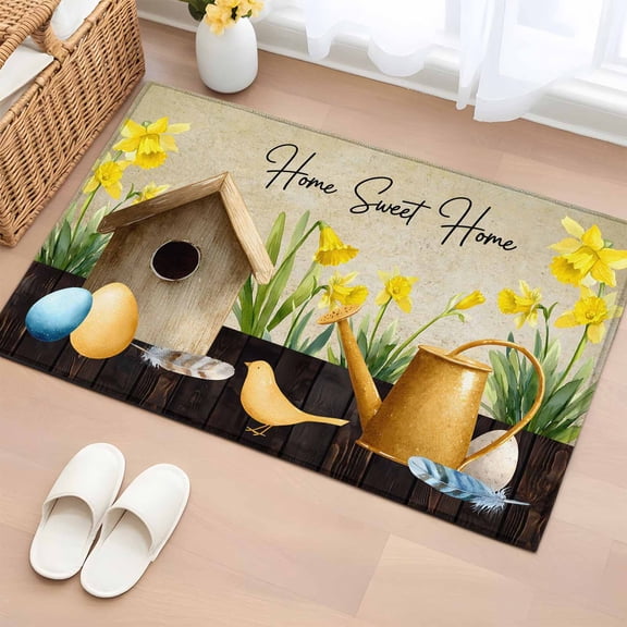 Spring Entryway Rug 2'x3' Non Slip Front Door Mats, Brown Vintage Birds Cages Eggs Flowers Herbs Entrance Rugs Indoor Outdoor Carpet, Washable Floor Mats Small Area Rug for Bedroom Kitchen