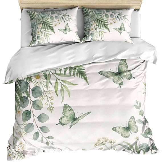Spring Eucalyptus Bedding 3 Piece Duvet Cover Set Twin Size, Garden Botanical Leaves Butterflies Soft Microfiber Comforter Cover with Zipper Closure & Pillowcases, Wrinkle & FadeResistant Quilt Cover