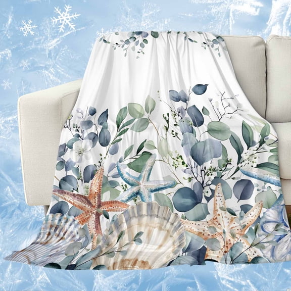 Spring Eucalyptus Coastal Cooling Blanket,Lightweight Breathable Summer Throw Blanket with Double Sided Cold Effect,Summer Blue Starfish Shell Picnic Blankets Bed Sheet for Hot Sleepers 30"x40"
