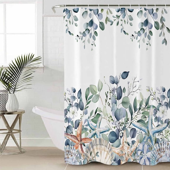 Spring Eucalyptus Coastal Long Shower Curtain Set, Waterproof Shower Curtains for Bathroom, Summer Blue Starfish Shell Washable Fabric Cloth Bath Curtain for Bathtub with Hooks 72x84 Inches