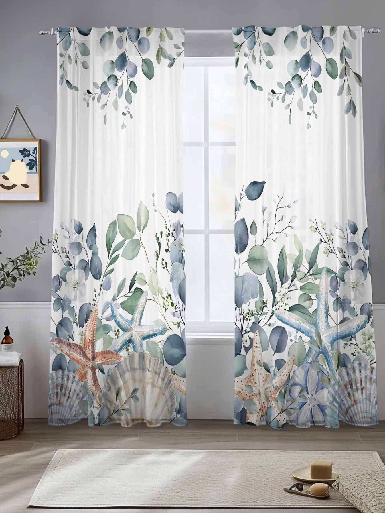Spring Eucalyptus Coastal Sheer Curtains for Living Room Bedroom Summer ...