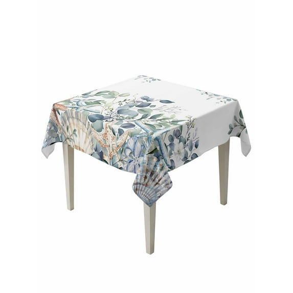 Spring Eucalyptus Coastal Table Cloth, Summer Blue Starfish Shell Waterproof Tablecloth for Square Tables, Reusable Washable Fabric Table Cover for Restaurant Kitchen Dining Tables 54"x54"