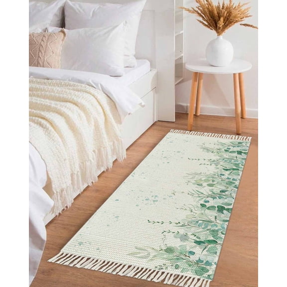 Spring Eucalyptus,Hallway Runner Rug 2x6ft,Green White Watercolor Botanical Leaf Washable Woven Living Room Bedroom Kitchen Bathrom Carpet with Tassels,Indoor Outdoor Throw Door Mat for Entryway