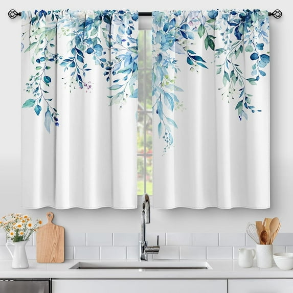 Spring Eucalyptus Kitchen Curtains - Blue Floral Watercolor Plant Leaves with Floral Botanical Tier Cafe Curtains for Bathroom Living RV Rod Pocket Window Drapes 36 Inch 2 Panels Set 28"x36"