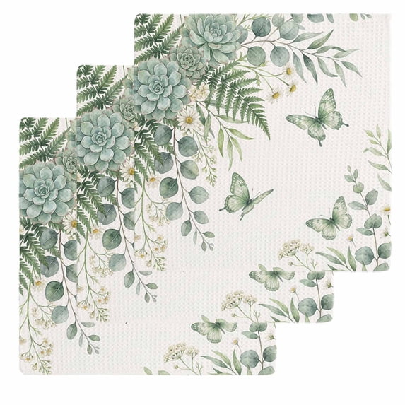 Spring Eucalyptus Kitchen Dish Towels for Drying Dishes Set of 3, Garden Botanical Leaves Butterflies Waffle Weave Microfiber Hand Tea Bathroom Towels Quick Dry & Absorbent Towel 12x12
