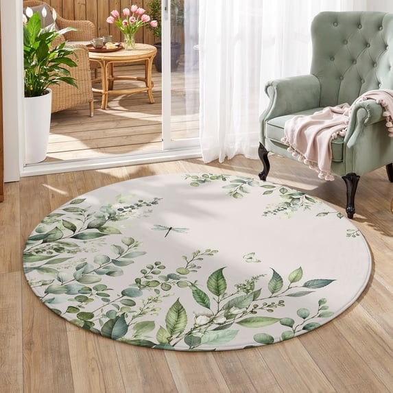 Create Leaf Spring Spring Eucalyptus Leaf Area Rug 4', Non-Slip Washable Round Indoor rug ...