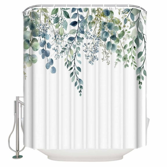 Spring Eucalyptus Leaf Green Watercolor Shower Curtain for Bathroom, Fallen Leaves on White Waterproof Shower Curtains Washable Quick Dry with Hooks Bathtub Curtains 60x72 IN