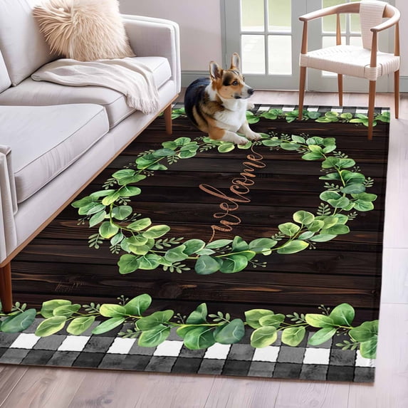 Spring Eucalyptus Leaves Area Rugs 3'x5', Washable Small Throw Rugs for Living Room Bedroom, Farmhouse Botanical Brown Wood Indoor Outdoor Rug Non-Slip Low Pile Carpet Runner Reversible Floor Mats