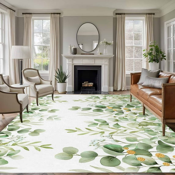 Spring Eucalyptus Leaves Area Rugs 8'x10', Washable Small Throw Rugs for Living Room Patio, Green Summer Botanical Indoor Outdoor Rug Non-Slip Low Pile Carpet Runner Reversible Floor Mats