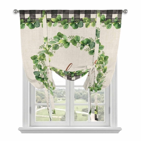 Spring Eucalyptus Leaves Balloon Curtains for Windows, Bedroom Curtains 54 Inch Length, Farmhouse Botanical Burlap Paid Tie Up Curtains Panels Thermal Insulated Bathroom Curtains Window 42"x54"