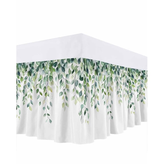 Spring Eucalyptus Leaves Bed Skirt King Size, Botanical Summer Wrap Around Bed Skirting with Adjustable Elastic Strap, Dust Ruffle Pleated Bedskirts 16 Inch Drop for Bedroom King Beds