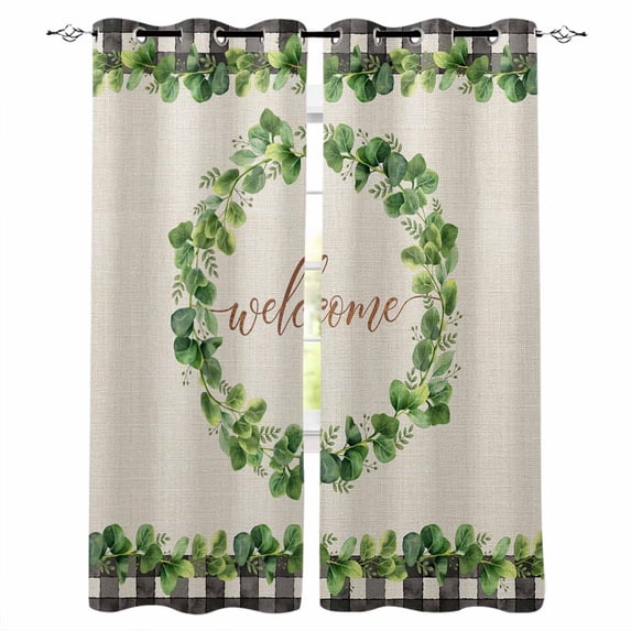 Spring Eucalyptus Leaves Blackout Curtains 54 Inches Long, Farmhouse Botanical Burlap Paid Thermal Insulated Black Out Curtains, Darkening Window Curtain for Bedroom Living Room 52"x54" 2 Panels