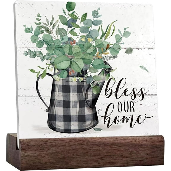 Spring Eucalyptus Leaves Ceramic Table Desk Decor,Bless Our Home Sign,Spring Botanical Wooden Block Box Sign Decoration for Farmhouse Shelf Table Decor