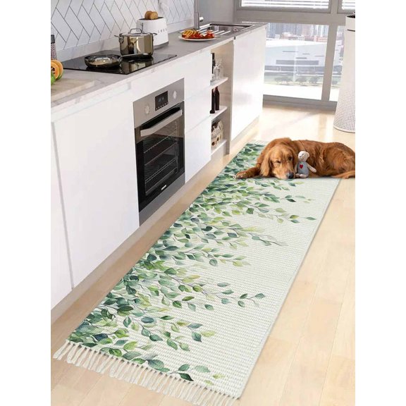 Spring Eucalyptus Leaves Entryway Runner Rug 2x4ft, Botanical Summer Washable Woven Living Room Hallway Bedroom Kitchen Carpet with Tassels, Non-Shedding Indoor Outdoor Throw Door Mat for Entryway