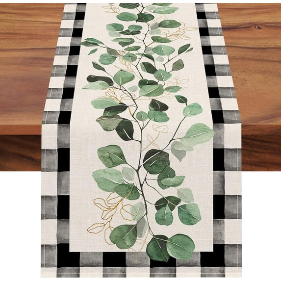 Spring Eucalyptus Leaves Greenery Table Runner, Black White Buffalo Plaid Check Kitchen Dining Table Decor, Green Plants Botanical Summer Farmhouse Home Decoration Party Supply 13 x 90 Inches