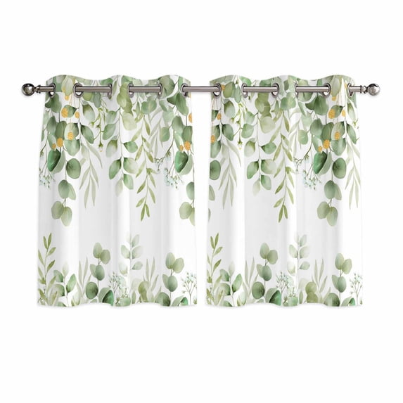 Spring Eucalyptus Leaves Kitchen Curtains Window Panels, Green Summer Botanical Insulated Window Treatment Curtain, Grommet Curtains for Bedroom/Living Room/Bathroom, 2 Piece 42"Wx45"L