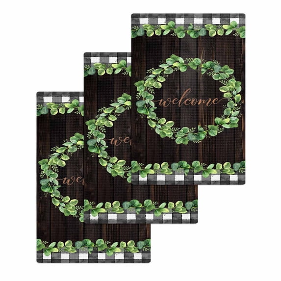 Spring Eucalyptus Leaves Kitchen Dish Towels for Drying Dishes Set of 3, Farmhouse Botanical Brown Wood Waffle Weave Microfiber Hand Tea Bathroom Towels Quick Dry & Absorbent Towel 15.7x23.6