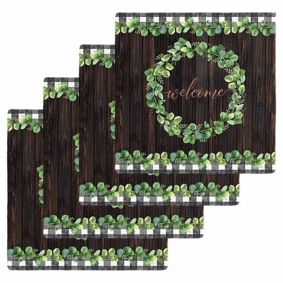 Spring Eucalyptus Leaves Kitchen Dish Towels for Drying Dishes Set of 4, Farmhouse Botanical Brown Wood Waffle Weave Microfiber Hand Tea Bathroom Towels Quick Dry & Absorbent Towel 12x12