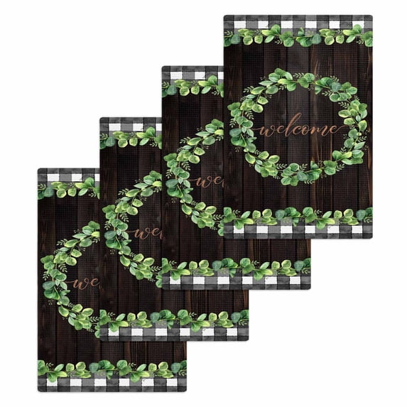 Spring Eucalyptus Leaves Kitchen Dish Towels for Drying Dishes Set of 4, Farmhouse Botanical Brown Wood Waffle Weave Microfiber Hand Tea Bathroom Towels Quick Dry & Absorbent Towel 15.7x23.6