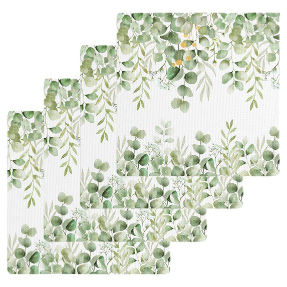 Spring Eucalyptus Leaves Kitchen Dish Towels for Drying Dishes Set of 4, Green Summer Botanical Waffle Weave Microfiber Hand Tea Bathroom Towels Quick Dry & Absorbent Towel 12x12