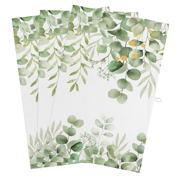 Spring Eucalyptus Leaves Kitchen Towels, Absorbent Microfiber Kitchen Dish Hand Tea Bath Towel, Green Summer Botanical Quick Dry Cleaning Cloth Dishclothes Decorative Sets, (3-PC, 18x28)
