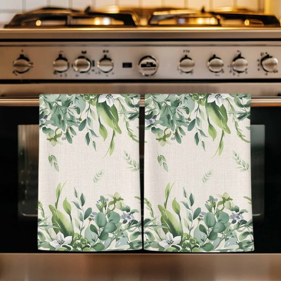 Spring Eucalyptus Leaves Kitchen Towels Set of 1, Rustic Plants Botanical Beige Absorbent Dish Towels for Kitchen, Microfiber Hand Towel, Quick Drying Tea Towel for Cleaning Decorative Dishcloths