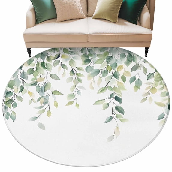 Spring Eucalyptus Leaves Large Area Rugs for Bedroom Living Room, Soft Non Slip Carpet Bedside Rug, Botanical Weeping Summer Round Floor Cover Kitchen Accent Rug 8' for Dining Room/Office