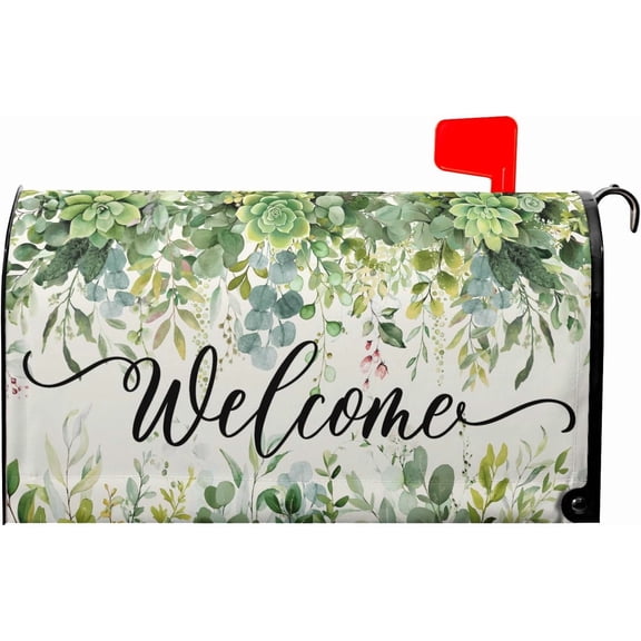 Spring Eucalyptus Leaves Mailbox Covers Magnetic Welcome Post Letter Box Wrap Standard Size 21''''x18'''' Green Leaves Summer Dust-Proof Letterbox Decor Seasonal Postbox Cover for Outdoor Garden Yard
