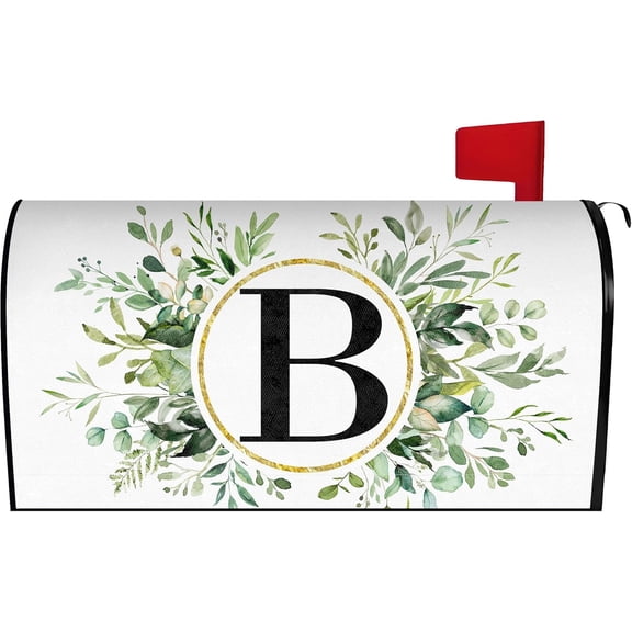 Spring Eucalyptus Leaves Monogram Letter B Mailbox Cover Magnetic 25.5x21 Inch, Family Last Name Initial Post Letter Box Covers, Spring Summer Seasonal Outdoor Yard Garden Oversized Mailbox Decor