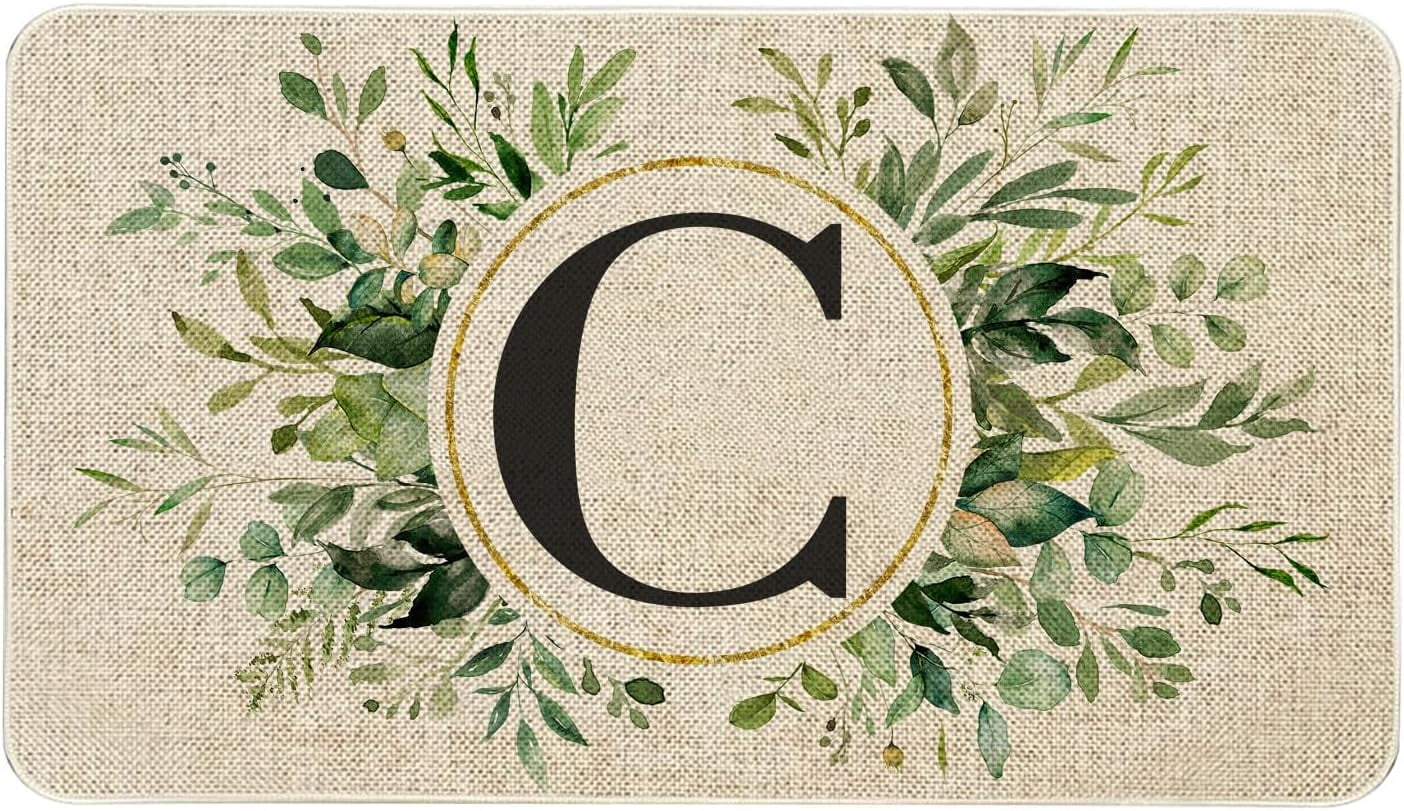 Spring Eucalyptus Leaves Monogram Letter C Door Mat 30 X 17 Inch Family Last Name Initial Welcome Doormat Indoor Outdoor Entrance Floor Rug Non Slip Spring Summer Decor Rubber Mats