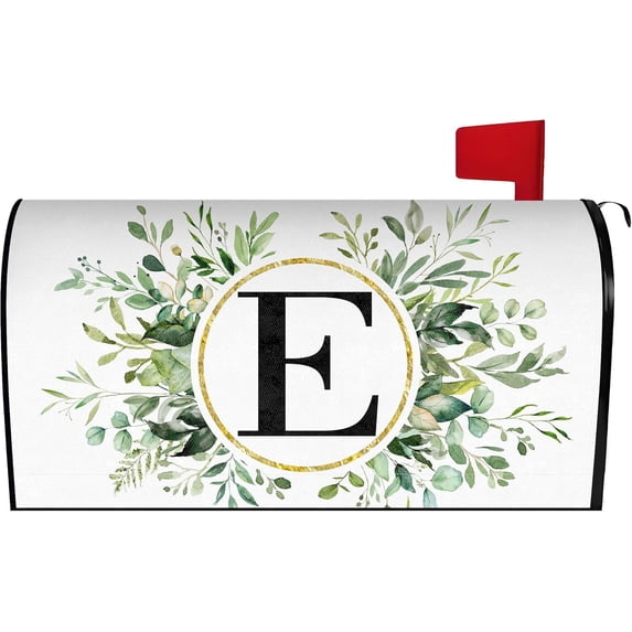 Spring Eucalyptus Leaves Monogram Letter E Mailbox Cover Magnetic 25.5x21 Inch, Family Last Name Initial Post Letter Box Covers, Spring Summer Seasonal Outdoor Yard Garden Oversized Mailbox Decor