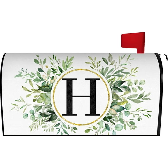 Spring Eucalyptus Leaves Monogram Letter H Mailbox Cover Magnetic 25.5x21 Inch, Family Last Name Initial Post Letter Box Covers, Spring Summer Seasonal Outdoor Yard Garden Oversized Mailbox Decor