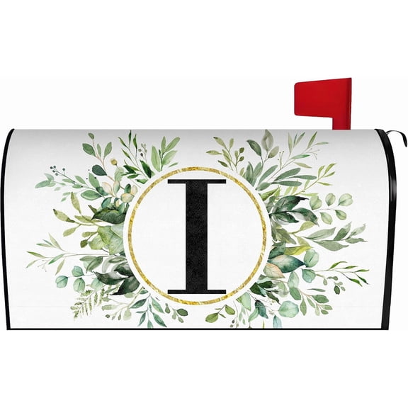 Spring Eucalyptus Leaves Monogram Letter I Mailbox Cover Magnetic 21x18 Inch, Family Last Name Initial Post Letter Box Covers, Spring Summer Seasonal Outdoor Yard Garden Standard Mailbox Decor