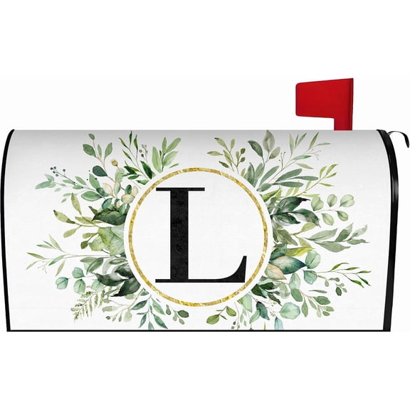 Spring Eucalyptus Leaves Monogram Letter L Mailbox Cover Magnetic 21x18 Inch, Family Last Name Initial Post Letter Box Covers, Spring Summer Seasonal Outdoor Yard Garden Standard Mailbox Decor